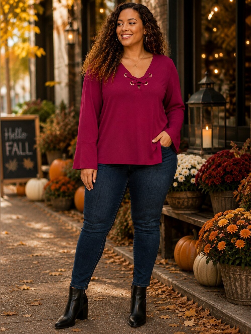 Michael Kors Cranberry Lace-Up Bell Sleeve Blouse | Size L